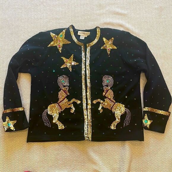 Vintage Outlander Beaded Sequined Circus Pony Wool Blend Cardigan Size M… - Picture 2 of 6